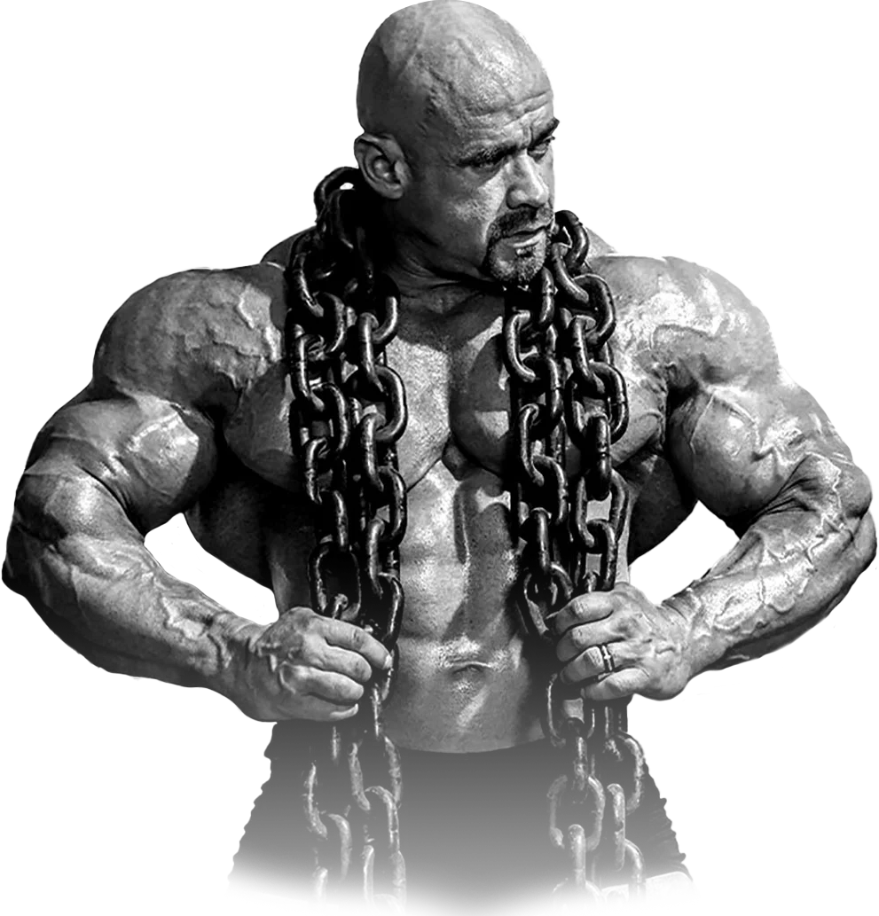 Classic image of Branch Warren inside of Metroflex holding heavy duty chains in black and white